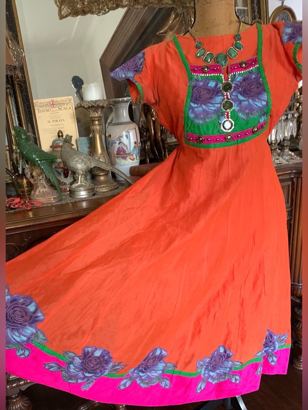 Vintage Custom Boho Hippie Gypsy Floral Embroidered Beaded Party Gown Dress